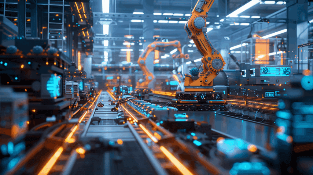 A modern manufacturing facility showcasing interconnected AI-powered systems with autonomous robots working alongside human operators, holographic displays showing predictive maintenance data, and glowing network connections between various production equipment, representing the integration of multi-agent systems in Industry 4.0