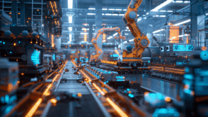 A modern manufacturing facility showcasing interconnected AI-powered systems with autonomous robots working alongside human operators, holographic displays showing predictive maintenance data, and glowing network connections between various production equipment, representing the integration of multi-agent systems in Industry 4.0
