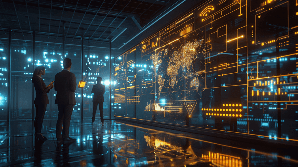 A modern enterprise command center showcasing AI-powered IT operations. Multiple professionals work at sleek workstations surrounded by holographic displays showing data analytics, network diagrams, and AI agent visualizations in gold and navy colors. The space features floor-to-ceiling windows and advanced technology interfaces, representing a Center of Excellence for Agentic AI.