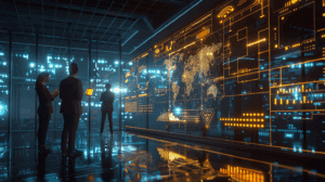 A modern enterprise command center showcasing AI-powered IT operations. Multiple professionals work at sleek workstations surrounded by holographic displays showing data analytics, network diagrams, and AI agent visualizations in gold and navy colors. The space features floor-to-ceiling windows and advanced technology interfaces, representing a Center of Excellence for Agentic AI.