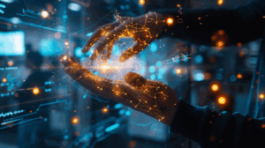 A diverse group of business professionals in a modern office environment interacting with translucent AI holographic displays showing neural networks and data visualizations. Human hands reach toward glowing digital interfaces, symbolizing the partnership between human workers and artificial intelligence. Warm golden lighting represents human elements while cool blue represents technology, merging harmoniously in the center.