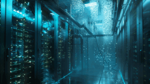 A dramatic split-scene visualization depicting a data center's water crisis and solution: the left side shows traditional server facilities with cascading water consumption and evaporative cooling towers, while the right side showcases futuristic liquid immersion cooling tanks and closed-loop systems with zero water waste, symbolizing the transformation from unsustainable to sustainable AI infrastructure.