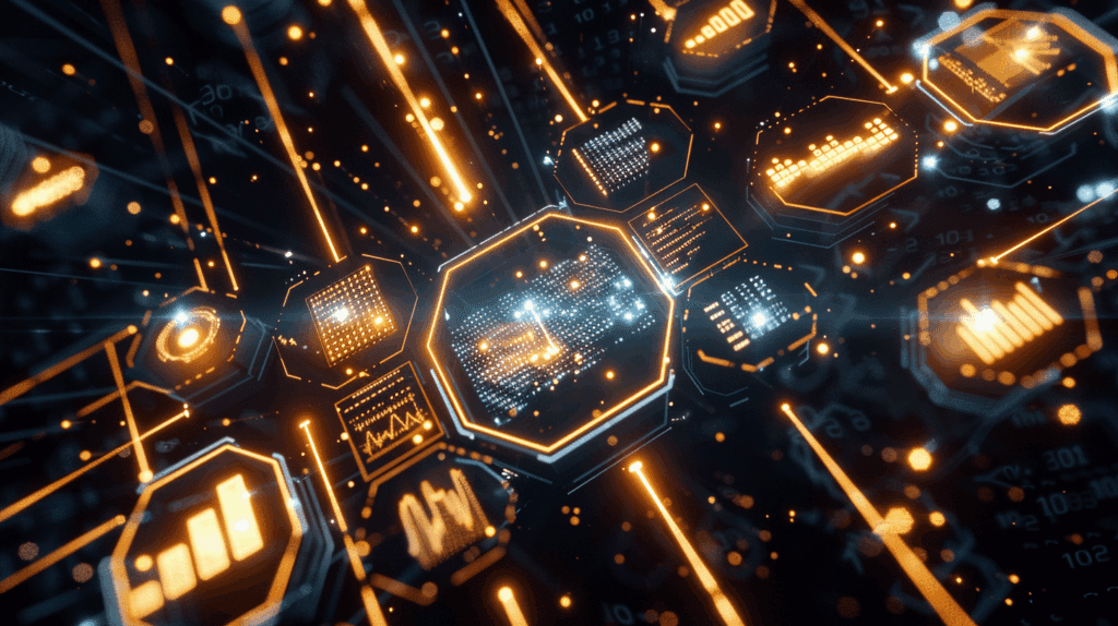 Visualization of seven interconnected AI deployment patterns forming a golden network in a high-tech enterprise command center, with holographic displays showing 171% ROI metrics and data streams, representing the strategic framework for successful agentic AI implementation in corporate environments