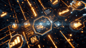 Visualization of seven interconnected AI deployment patterns forming a golden network in a high-tech enterprise command center, with holographic displays showing 171% ROI metrics and data streams, representing the strategic framework for successful agentic AI implementation in corporate environments