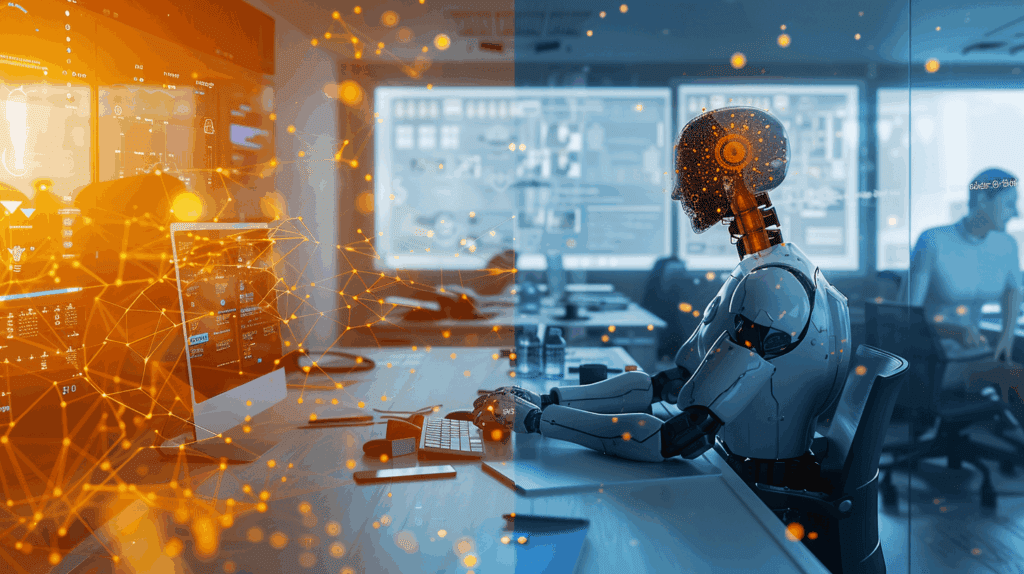 Split-screen comparison illustration: Left shows an AI assistant as a helpful robot working alongside a human at a computer desk in collaborative partnership. Right displays multiple autonomous AI agents as interconnected robotic entities operating independently through glowing neural networks, executing complex workflows without human supervision in a dynamic, self-directed environment.