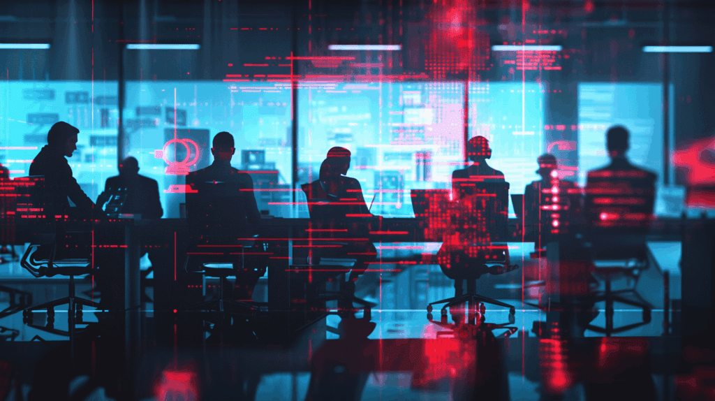 A dramatic cybersecurity visualization showing a modern corporate office environment with business professionals working on laptops, unaware that invisible red data streams are flowing through translucent AI chat interfaces floating in the air around them. The image depicts ChatGPT and Microsoft Copilot logos with subtle warning indicators, while hidden pathways of glowing red binary code infiltrate blue AI neural networks, representing the silent and invisible nature of AgentFlayer attacks affecting enterprise AI systems.