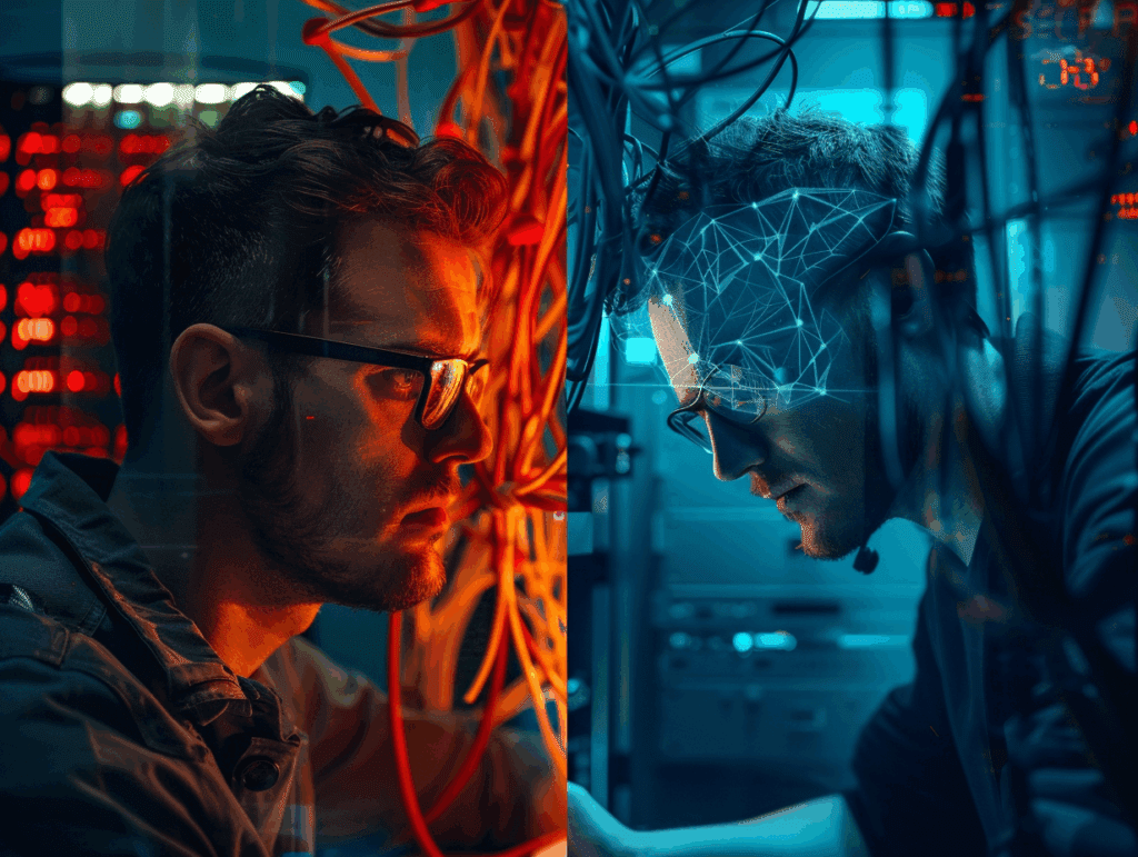 Split-screen image contrasting traditional IT operations with AI-augmented future: left shows stressed professional amid chaos of alerts and cables; right shows same professional confidently directing AI agents represented as holographic assistants, symbolizing the transformation from reactive firefighting to proactive orchestration.
