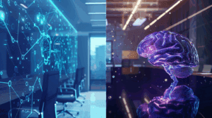 Split-screen comparison showing traditional multi-agent AI system architecture with interconnected nodes on the left versus a unified GPT-5 Pro system represented by a single powerful processing core on the right, set against a corporate environment background, illustrating the shift from complex orchestration to tiered intelligence solutions