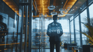 Professional business executives in a modern corporate boardroom analyzing AI transformation data on large displays, while holographic interfaces show AI agents connecting restaurant booking platforms to enterprise systems, representing the business impact of consumer AI adoption
